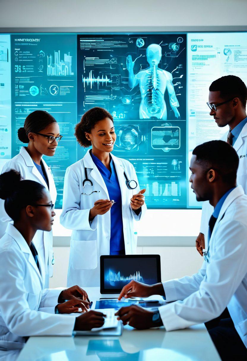 A dynamic scene showing a diverse group of healthcare professionals collaborating over a high-tech digital interface, symbolizing the evolution of oncology care. Include elements like patient engagement tools, diverse patients sharing their stories, and innovative treatments in the background. The atmosphere is filled with hope and determination, capturing a transition from awareness to actionable care. modern digital art. vibrant colors. white background.