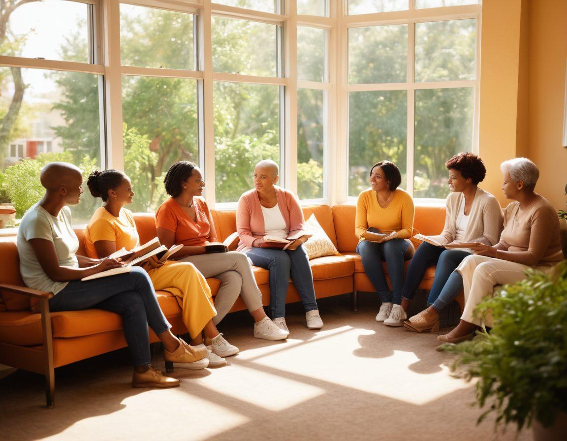 A diverse group of cancer patients and their families engaged in a supportive discussion in a bright, inviting community space. Symbolic elements like books and supportive hands represent education and empowerment. Warm colors reflect hope and resilience. Include a comforting background with greenery and sunlight filtering through windows. super-realistic. vibrant colors. warm tones.