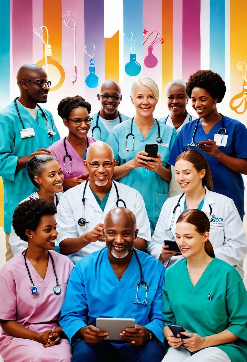 A dynamic and uplifting scene depicting a diverse group of patients in a modern healthcare setting, equipped with digital devices showcasing cancer awareness resources. Include symbols of hope, such as ribbons and light bulbs for innovation. The background features vibrant colors and abstract representations of scientific research and treatment options. The atmosphere should radiate empowerment and community support. super-realistic. vibrant colors. white background.
